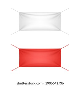 Plantilla de banner publicitario textil. Modelación publicitaria en blanco y rojo, hoja de tela aislada realista para publicidad. Ilustración vectorial realista