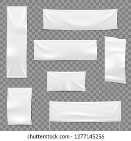 Textile Advertising Banners. Flags And Hanging Banner, Blank Fabric White Horizontal Cloth Sign, Textile Ribbons Vector Mockup Set