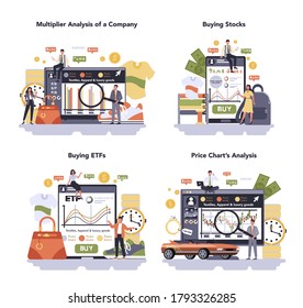 Textile, apparel, footwear and luxury goods production online service or platform set. Multiplier analysis of a company, buying stocks and ETFs, price chart analysis. Isolated flat vector illustration