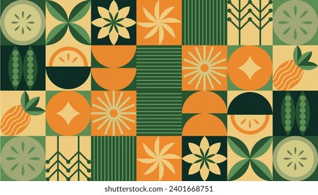 Textile background with autumn rain, vegetables, fruits, flowers Bauhaus pattern with autumn. Mosaic style. Simple geometric shapes.