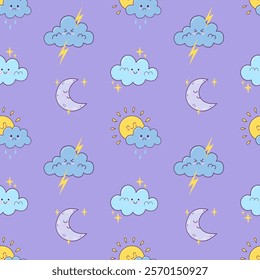 textile background with cute weather elements. doodle seamless pattern for wrapping, poster and postcards. kids background 