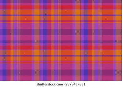 Textile background tartan of vector seamless plaid with a check pattern fabric texture in purple and red colors.