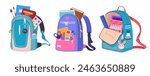 Textile backpacks. Cartoon school backpacks with school supplies and notebooks, flat vector illustration set. Colorful school bags collection