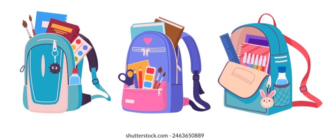 Textile backpacks. Cartoon school backpacks with school supplies and notebooks, flat vector illustration set. Colorful school bags collection