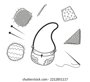 Textile bag with fabric stripes, Mending clothes. Vector doodle hand drawn set of sewing cloth patches.