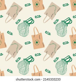 Textile bags seamless pattern. Hand drawn eco life illustration. Flat vector illustration. Texture with reusable shopping bags. Go green, no plastic concept. Hassle-free shopping.