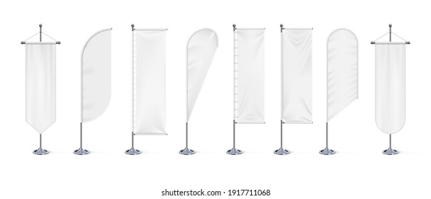 Textile banner flag  Realistic blank white fabric signs mockup for advertising  outdoor exhibition cotton waving flags chrome steel stand  Canvas template and copy space  vector 3d isolated set