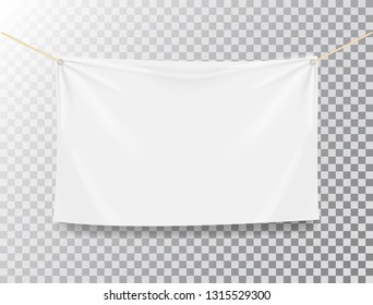 Textile banner on transparent background. White realistic textile banner with folds. Blank hanging fabric mockup. Design element for advertising, flyer, poster. Cotton and canvas. Vector illustration.
