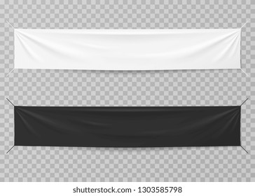 TEXTILE BANNERS. Black and white blank horizontal advertising cloths. Folded empty cotton stretched canvas. Vector mockup