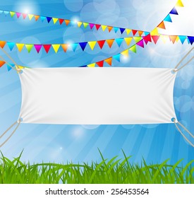 Textile banners with copy space suspended by ropes by all four corners. Vector Illustration 