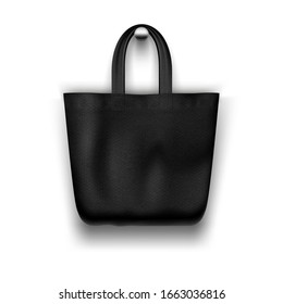 Textile black tote bag hanging on the wall realistic vector mockup for shopping desig