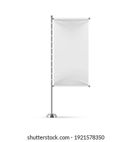 Textile Blank Banner. Empty White Realistic Outdoor White Fabric Flag On Chrome Steel Stand. Exhibition Promotion Mockup. Vector Beach Feathers And Outdoor Advertising Single Isolated On White Object