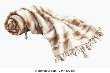 Textile blanket watercolor illustration. Cozy beige blanket with tassels and stripes on white background.