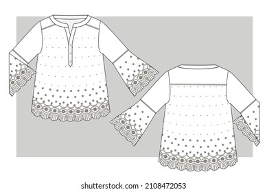 Textile blouse with lace border and  bell sleeves. Technical sketch.