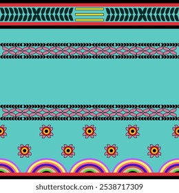 A textile border with pink flower rainbow. An abstract geometric for classic design. Seamless pattern on green background for fabric, cloth, dress, carpet, curtain, sarong, batik, wallpaper or scarf.