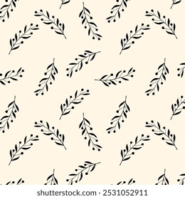 Textile botanical pattern with twigs , silhouette branches with berry, on beige background. Vector illustration