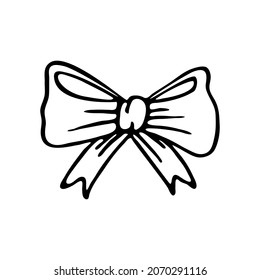Textile bow made of satin ribbon. Element for decorating a festive party. Hand drawn line vector illustration in doodle style.