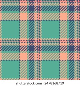 Textile check background of seamless pattern tartan with a fabric plaid vector texture in teal and orange colors.
