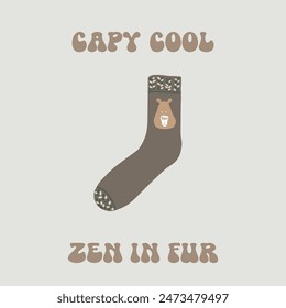 Textile children's sock with copybara, inscription, vector