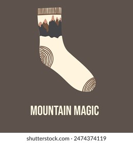 Calcetín textil para niños con inscripción Mountain Magic, Vector, póster