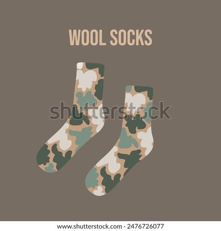 Textile children's socks in militaristic coloring with wool socks caption, vector