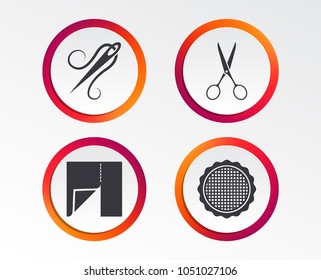 Textile cloth piece icon. Scissors hairdresser symbol. Needle with thread. Tailor symbol. Canvas for embroidery. Infographic design buttons. Circle templates. Vector