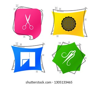 Textile cloth piece icon. Scissors hairdresser symbol. Needle with thread. Tailor symbol. Canvas for embroidery. Geometric colorful tags. Banners with flat icons. Trendy design. Vector