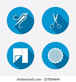 Textile cloth piece icon. Scissors hairdresser symbol. Needle with thread. Tailor symbol. Canvas for embroidery. Circle concept web buttons. Vector