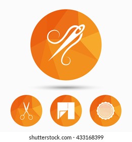 Textile cloth piece icon. Scissors hairdresser symbol. Needle with thread. Tailor symbol. Canvas for embroidery. Triangular low poly buttons with shadow. Vector