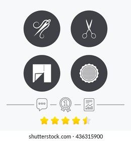 Textile cloth piece icon. Scissors hairdresser symbol. Needle with thread. Tailor symbol. Canvas for embroidery. Chat, award medal and report linear icons. Star vote ranking. Vector