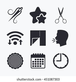Textile cloth piece icon. Scissors hairdresser symbol. Needle with thread. Tailor symbol. Canvas for embroidery. Wifi internet, favorite stars, calendar and clock. Talking head. Vector