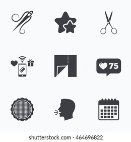 Textile cloth piece icon. Scissors hairdresser symbol. Needle with thread. Tailor symbol. Canvas for embroidery. Flat talking head, calendar icons. Stars, like counter icons. Vector