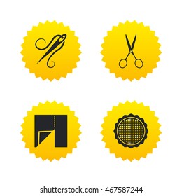 Textile cloth piece icon. Scissors hairdresser symbol. Needle with thread. Tailor symbol. Canvas for embroidery. Yellow stars labels with flat icons. Vector
