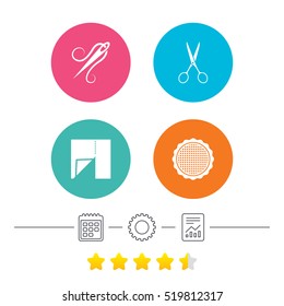 Textile cloth piece icon. Scissors hairdresser symbol. Needle with thread. Tailor symbol. Canvas for embroidery. Calendar, cogwheel and report linear icons. Star vote ranking. Vector