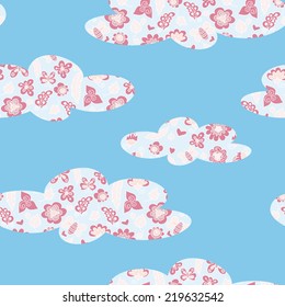 Textile clouds on a blue background. seamless pattern