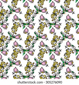 Textile colored abstract pattern with pink, yellow and green elements
