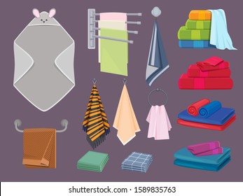 Textile cottons. Fabric blankets and kitchen rags bathroom hygiene vector colorful cartoon elements