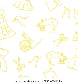 Textile Craft Harmony: Charming seamless pattern of hand-drawn sewing essentials in vector form. Ideal for textile backgrounds, crafting-themed designs, and creative visual storytelling