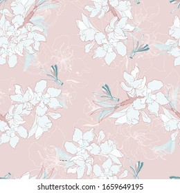 Textile delicate pink pattern with large white flowers and dragonflies. Seamless vector background for fabrics and tiles.