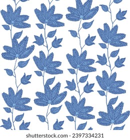 Textile design with abstract flower pattern with white background. Seamless monochrome indigo blue theme pattern with blue flower.simple embroidery flower pattern.