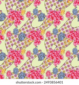 Textile design, abstract pattern of small flowers and leaves seamless pastel color throughout, fabric packaging, spring season
