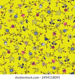 Textile design, abstract pattern of small flowers and leaves in pastel colors, seamless throughout, fabric packaging, spring season