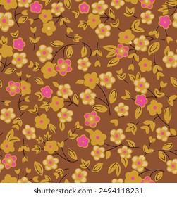 Textile design, abstract pattern of small flowers and leaves in pastel colors, seamless throughout, fabric packaging, spring season