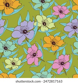 textile design art, abstract flowers leaves effect botanic pattern allover repeats seamless colorful ,fabric wrapper print ,spring summer