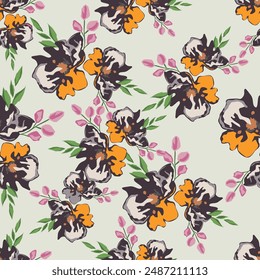 textile design art, abstract flowers leaves effect botanic pattern allover repeats seamless colorful ,fabric wrapper print ,spring summer