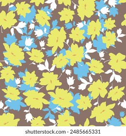 textile design art, brown yellow beige flowers leaves abstract effect botanic pattern allover repeats seamless colors ,fabric wrapper print ,spring summer