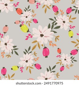 textile design art,red orange flowers grey leaves abstract watercolors effect botanic pattern allover repeats seamless colors,fabric cloth wrapper print,summer