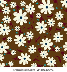 textile design art,red yellow flowers green leaves abstract decorative effect botanic pattern allover repeats seamless color ,fabric cloth wrapper print ,spring summer