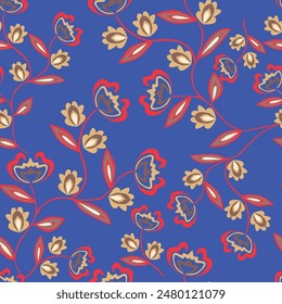 textile design art,red yellow flowers green leaves abstract decorative effect botanic pattern allover repeats seamless color ,fabric cloth wrapper print ,spring summer