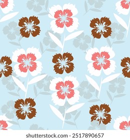 textile design art,red yellow flowers green leaves abstract decorative effect botanic pattern allover repeats seamless color ,fabric cloth wrapper print ,spring summer